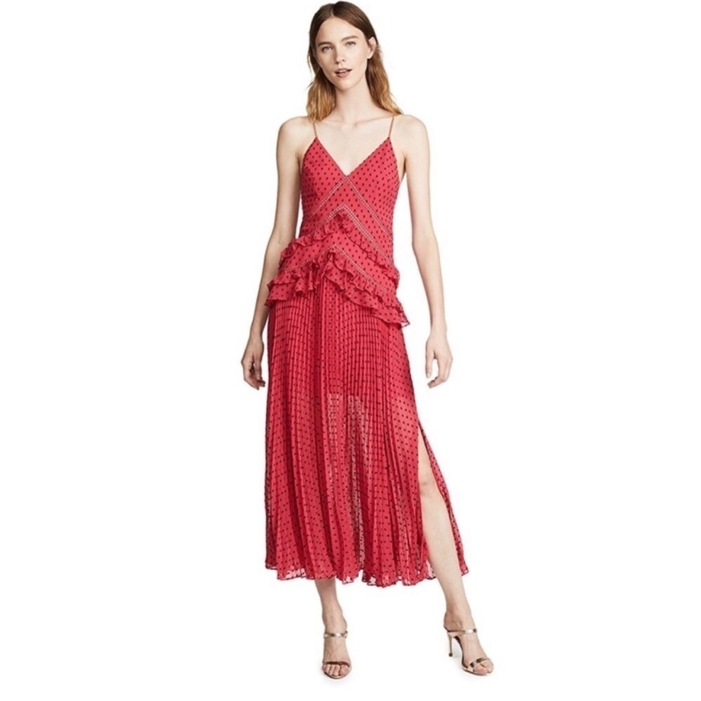 Self-Portrait Pink Ruffle Plisse Maxi Dress Coquette Wedding Guest Size 6
